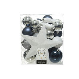 Decoris Adorno Navideño Colgante Caja 33 Accesorios Árbol Azul, Blanco y Plata
