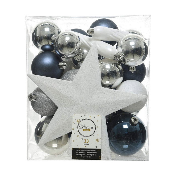 Decoris Adornos decoración árbol navidad, azul, blanco y plata, caja 33 piezas