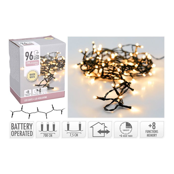 Guirnalda a Pilas, Multifunción 8 Modos con Controlador, Exterior/Interior IP44, 7.5m, 96 LEDs Blanco Cálido, Cable Negro, Funciona con 3xAA