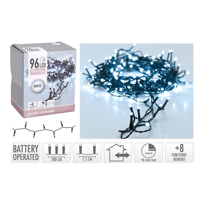 Guirnalda de LED a Pilas Multifunción 96 LEDs IP44 7.5m Blanco Frío con 8 Funciones + Temporizador, Pilas no Incluidas