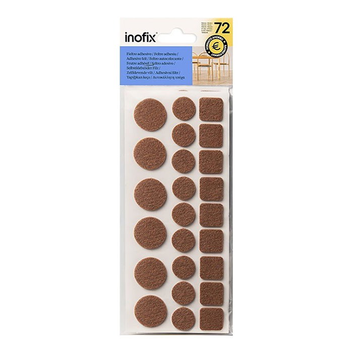 Inofix Fieltro Adhesivo Sintético Marrón 72uds Blister Protección Suelos y Silenciador Ruido