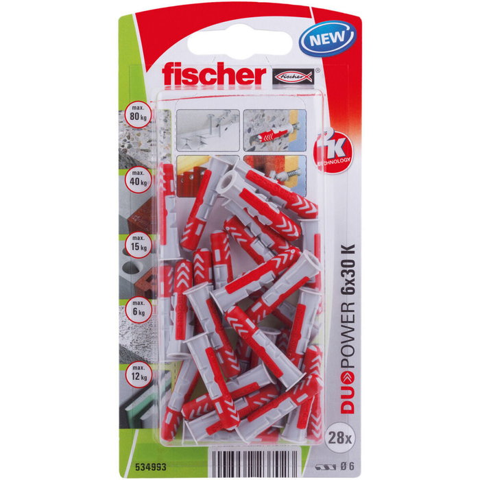 FISCHER Taco Duopower ø6 x 30 mm para tornillos de 3-4 mm, 45 unidades FISCHER Taco Duopower ø6 x 30 mm para tornillos de 3-4 mm, 45 unidades