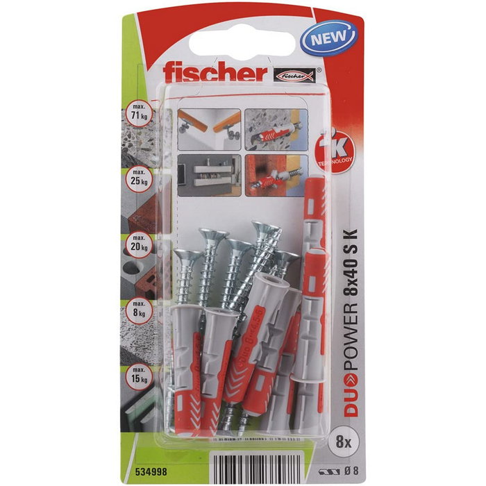 Fischer Duopower ø8 x 40 mm + tornillos ø5 x 55 mm, blister 8 uds