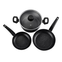 Fagor Set Batería Cocina 3 Piezas Vivant Negro - 1 Sartén Ø20cm + 1 Sartén Ø24cm + 1 Olla Ø24cm con Tapa de Cristal, Aluminio Forjado 3mm Antiadherente, Apta Todo Fuego