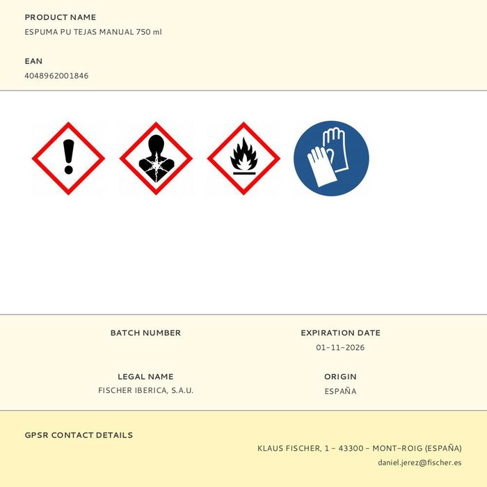 Fischer Espuma de Poliuretano Manual para Fijación de Tejas, Monocomponente de Endurecimiento Rápido, 750 ml, Color Gris