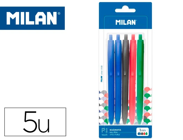 Milan Bolígrafo P1 Retractil Touch 1 mm Blister 5 Unidades Colores Surtidos Milan Bolígrafo P1 Retractil Touch 1 mm Blister 5 Unidades Colores Surtidos