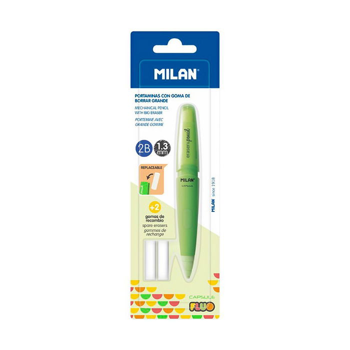 Milán Blister Portaminas Capsule Fluo con 2 Gomas de Recambio, Mina 1.3mm 2B, Colores Surtidos Fluo