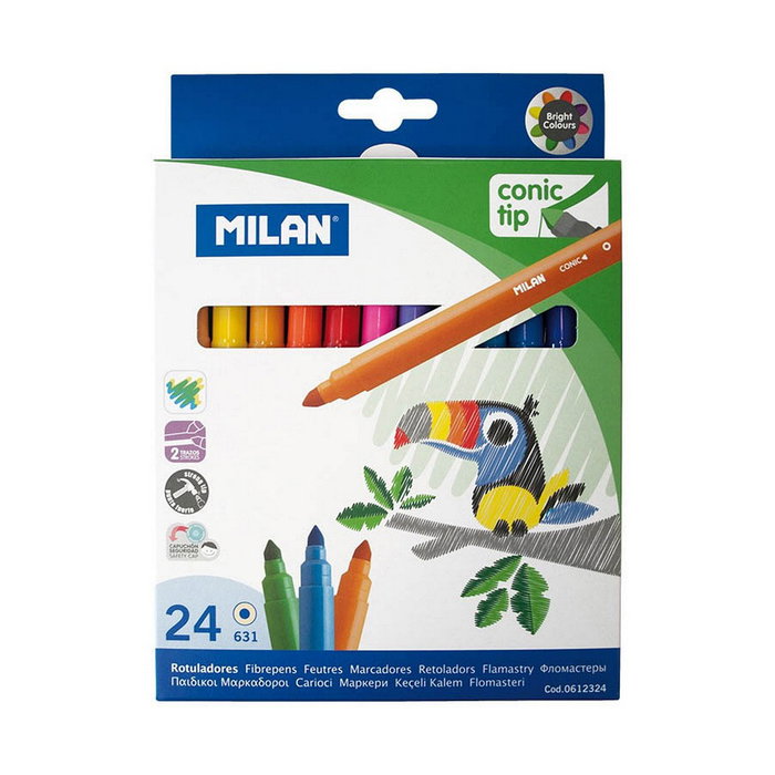 Milán Kit 24 Rotuladores de Punta Cónica de 5 mm, Colores Brillantes Milán Kit 24 Rotuladores de Punta Cónica de 5 mm, Colores Brillantes