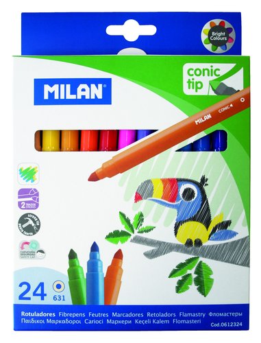Milán Kit 24 Rotuladores de Punta Cónica de 5 mm, Colores Brillantes Milán Kit 24 Rotuladores de Punta Cónica de 5 mm, Colores Brillantes