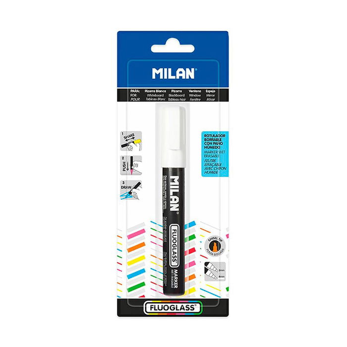 Milán Rotulador Borrable Fluoglass 2-4 mm Punta Biselada Color Blanco para Superficies Lisas Blister