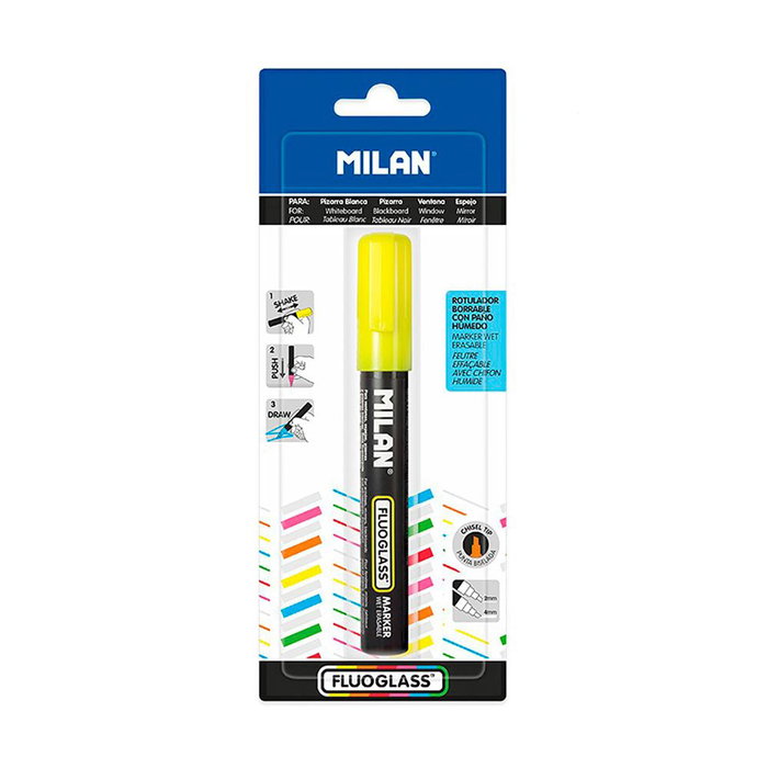 Milan Rotulador Borrable Fluoglass 2 Amarillo Punta Biselada 2-4mm para Superficies Lisas No Porosas en Blister