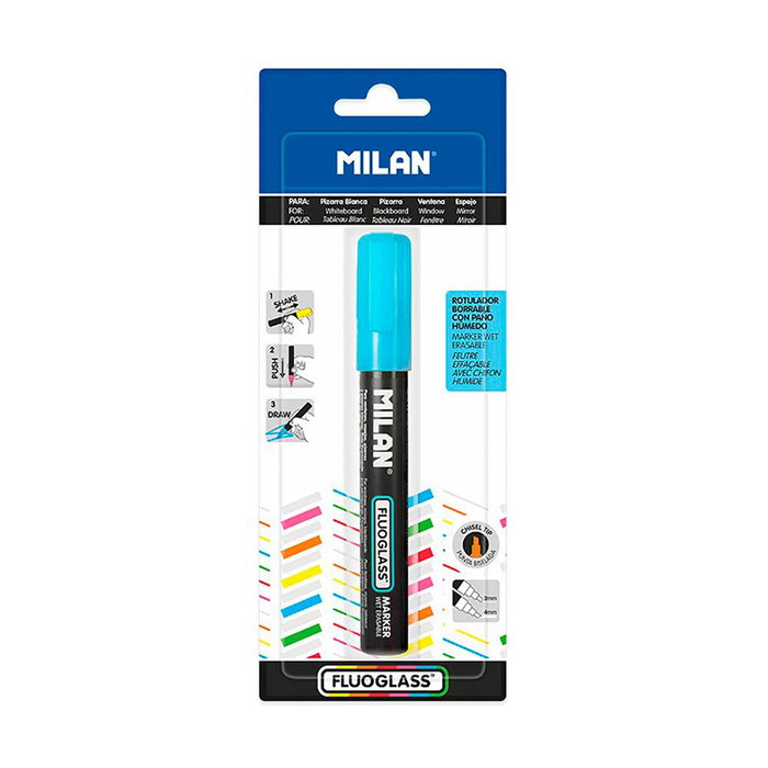 Milán Rotulador Borrable Fluoglass 2 - 4 mm Punta Biselada Tinta Intensa Color Azul para Superficies Lisas Blister