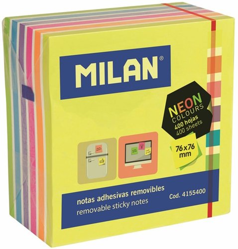 Milán Bloc de 400 notas adhesivas removibles colores neón 76 x 76 mm