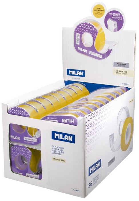 Milán Dispensador lila con cinta adhesiva transparente 19 mm x 33 m