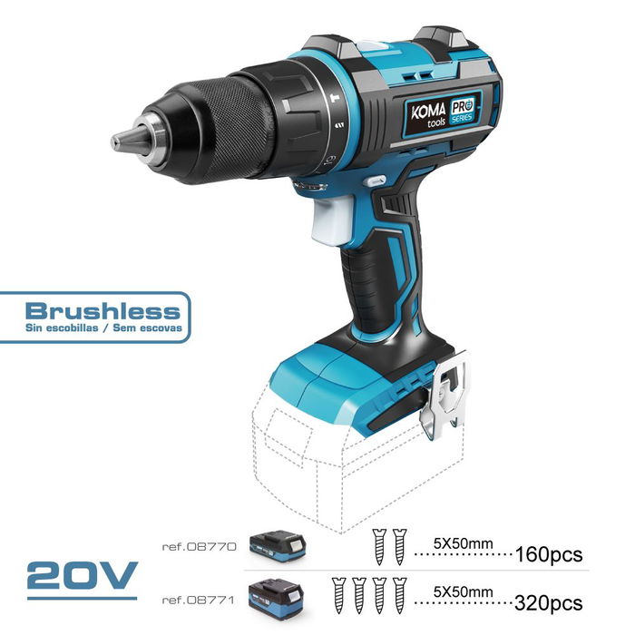 Koma Tools 20v-tapb Taladro percutor atornillador Brushless 20V sin batería ni cargador, 50Nm, portabrocas 13mm, 2 velocidades, luz LED, gancho
