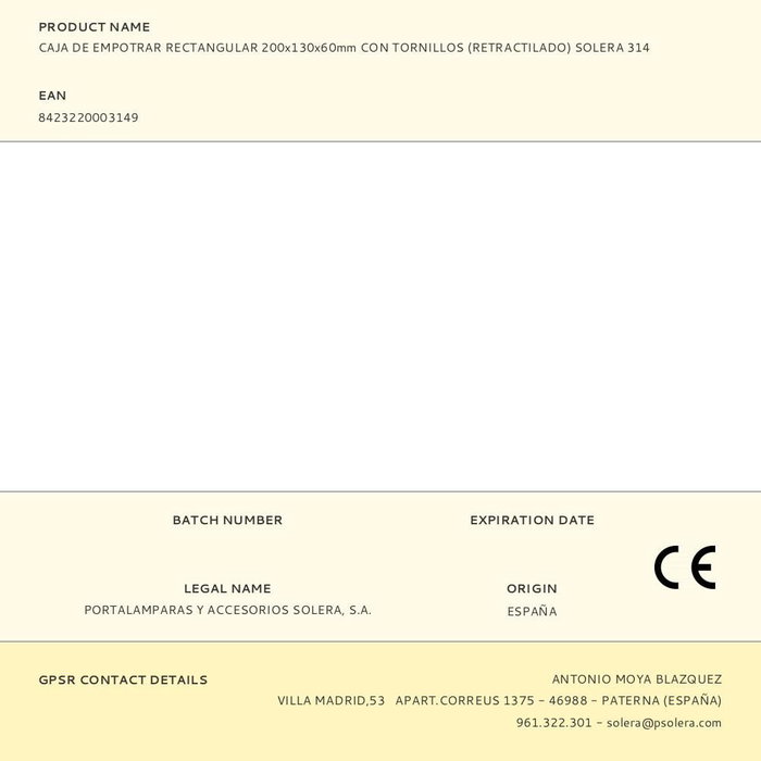 Solera 314 Caja de empotrar rectangular 200x130x60mm con tornillos para instalación eléctrica
