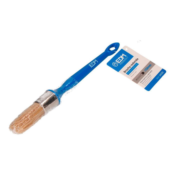 Edm Brocha Redonda Nº12 Ø12 mm para Pinturas y Barnices, Cerdas 100% Naturales, Mango de Plástico