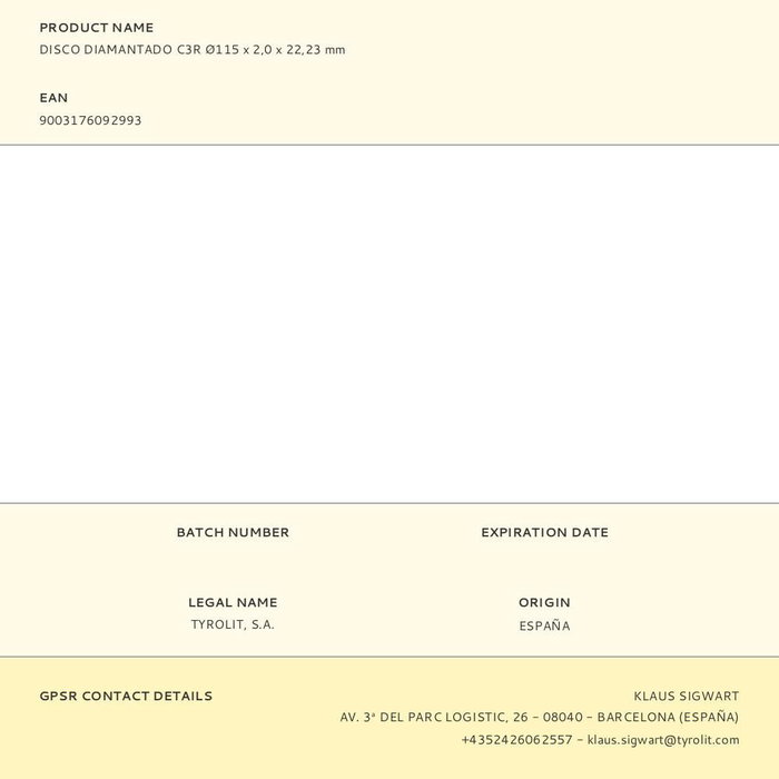 Tyrolit Disco Diamantado Continuo C3R Ø115 x 2,0 x 22,23 mm Referencia 609299 Serie Eco Basic