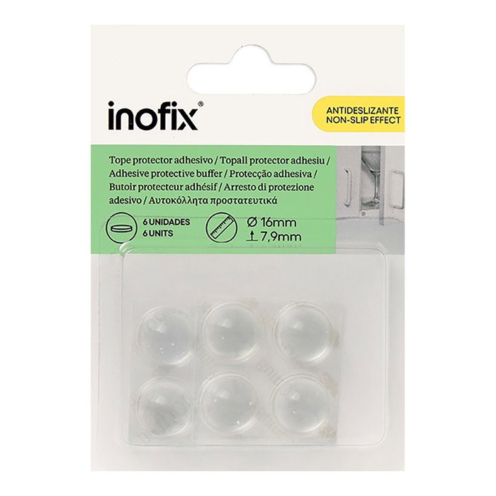 Inofix Gota autoadhesiva protectora antideslizante transparente Ø16 mm 6 uds blister poliuretano Inofix Gota autoadhesiva protectora antideslizante transparente Ø16 mm 6 uds blister poliuretano