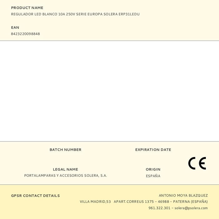 Solera Regulador LED Blanco 10A 250V Serie Europa ERP31LEDU - Mecanismo Completo Empotrar Solera Regulador LED Blanco 10A 250V Serie Europa ERP31LEDU - Mecanismo Completo Empotrar