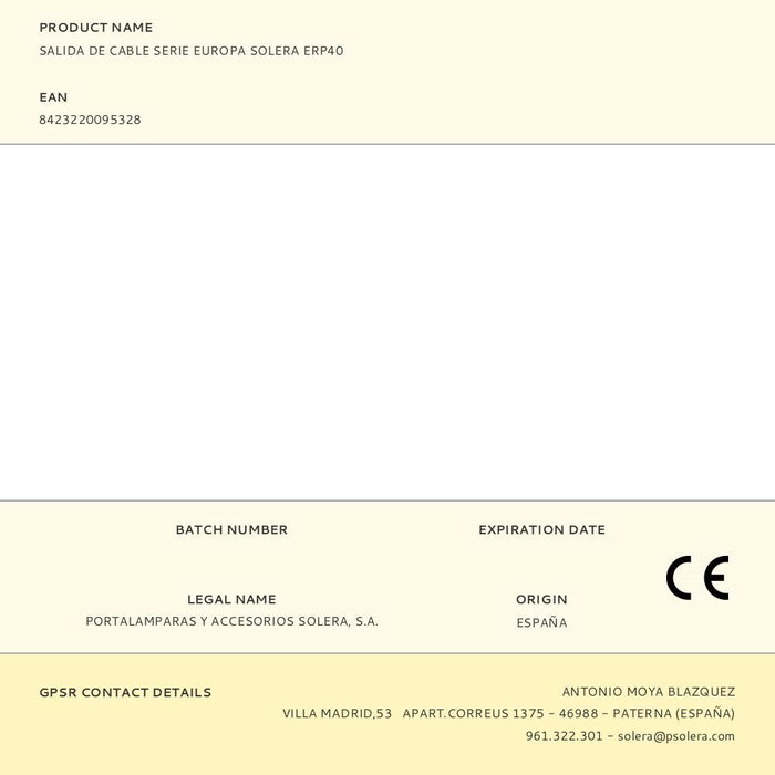 Solera ERP40 Salida de Cable Serie Europa Blanco 3x2.5mm² 16A 250V 83x81mm Termoplástico Empotrar