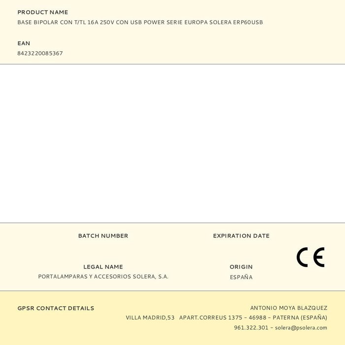 Solera ERP60USB Base Bipolar con T/TL 16A 250V con USB Power Serie Europa Blanco