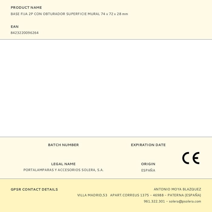 Solera MUR07U Base Fija 2P con Obturador Superficie Mural 74x72x28 mm Blanco Polipropileno 16A 250V