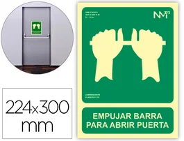 Normaluz Cartel Evacuación Clase B PVC 0.7mm 22.4x30 cm - 'Empujar Barra para Abrir Puerta' Rótulo Emergencias