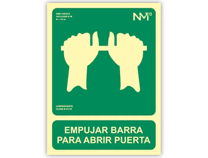 Archivo 2000 Pictograma Señal Informativa Empujar Barra Abrir Puerta PVC Verde Luminiscente 224x300 mm