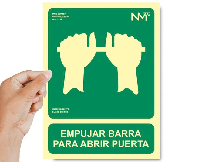 Archivo 2000 Pictograma Señal Informativa Empujar Barra Abrir Puerta PVC Verde Luminiscente 224x300 mm