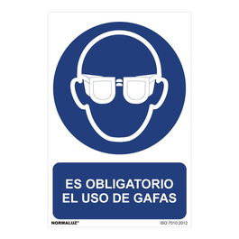Normaluz Cartel Obligatorio Uso Gafas PVC 0.7mm 30x40cm Señal de Obligación Profesional Doméstico Blanco Azul Castellano