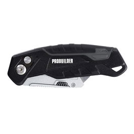 Probuilder Cutter o Cúter Plegable Profesional con 3 Cuchillas, 3 Posiciones de Ángulo (0°, 45°, 90°), Agarre Suave y Cuerpo de Aluminio Negro - Incluye Suspensión para Cinturón