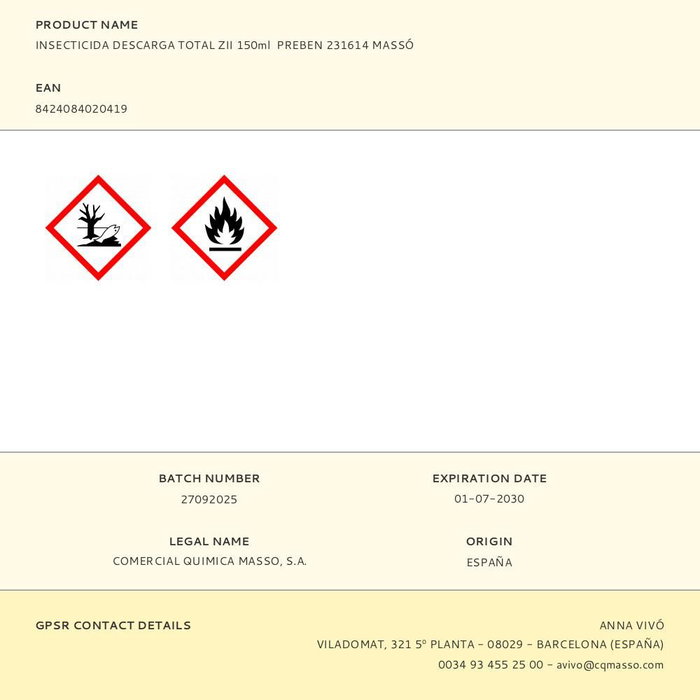 Massó Insecticida Aerosol Descarga Total para Insectos Rastreros y Voladores, 150 ml
