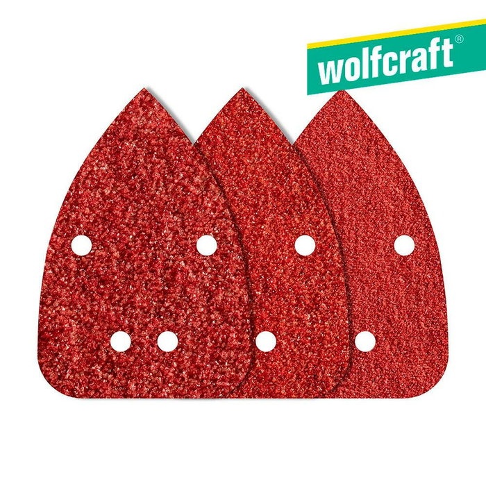 Wolfcraft Hojas de lijar adhesivas de corindón perforadas 96 x 136 mm, granos 80/120/240, 10 uds Wolfcraft Hojas de lijar adhesivas de corindón perforadas 96 x 136 mm, granos 80/120/240, 10 uds