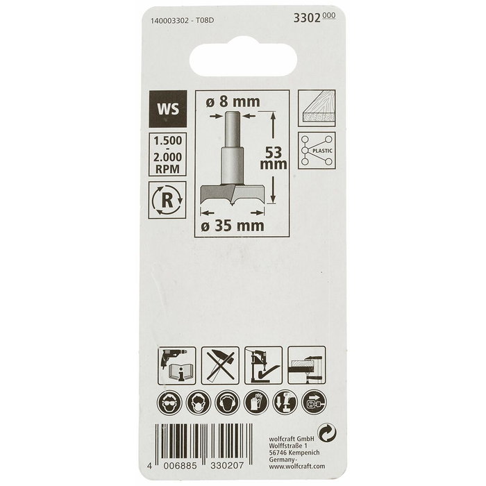 Wolfcraft Fresa de embutir cilíndrica de 35,00 mm x 53 mm