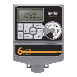 Aqua Control Programador de Riego Electrónico 6 Zonas con Display LCD, Fácil Programación, Arranque Bomba y Sensor Lluvia, 1-240 min