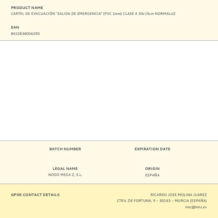 Normaluz Señal de Evacuación Salida de Emergencia PVC 1mm Clase A 320x160mm, Material PVC 1mm para Uso Profesional o Doméstico, Color Beige/Verde, Idioma Castellano Normaluz Señal de Evacuación Salida de Emergencia PVC 1mm Clase A 320x160mm, Material PVC 1mm para Uso Profesional o Doméstico, Color Beige/Verde, Idioma Castellano