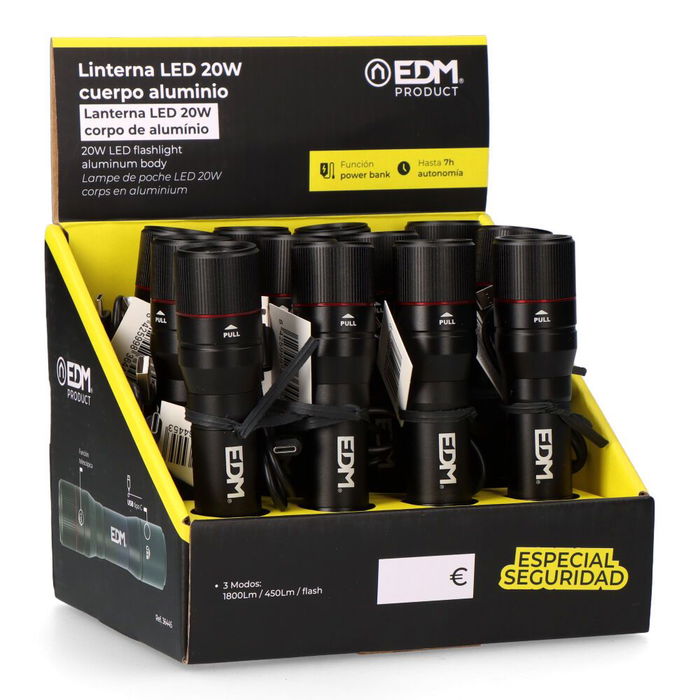 EDM Linterna Recargable 1 LED 20W 1800 lm, Cuerpo Aluminio, Telescópica, Función Power Bank, Base Magnética, IP44, Incluye Cable Tipo C - Negro