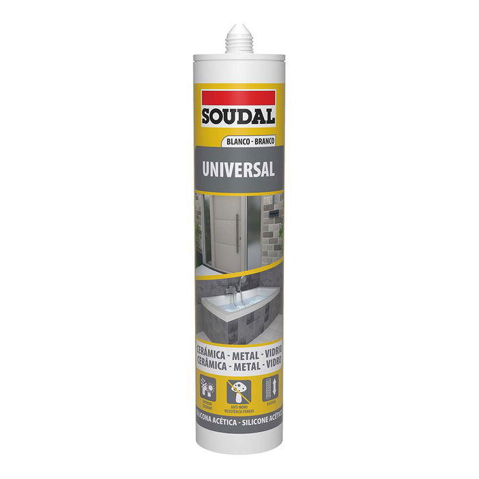 Soudal Silicona Universal Blanca 280 ml para Construcción, Acética, Máxima Elasticidad Soudal Silicona Universal Blanca 280 ml para Construcción, Acética, Máxima Elasticidad