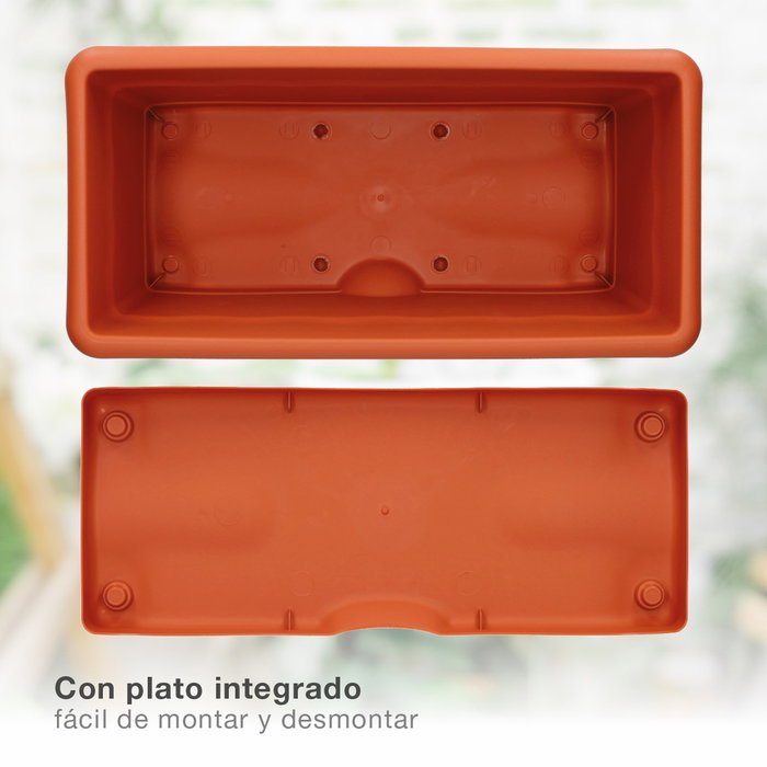 Plastiken Jardinera con plato integrado y soporte metálico color terracota 50 x 20 cm