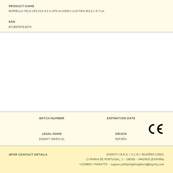 Philips Bombilla Vela LED E14 4,3W 470lm 6500K Luz Fría Ø3,5 x 9,7 cm