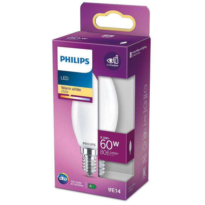 Philips Bombilla Vela LED E14 6,5W 806lm 2700K Luz Calida Ø3,5 x 9,7cm