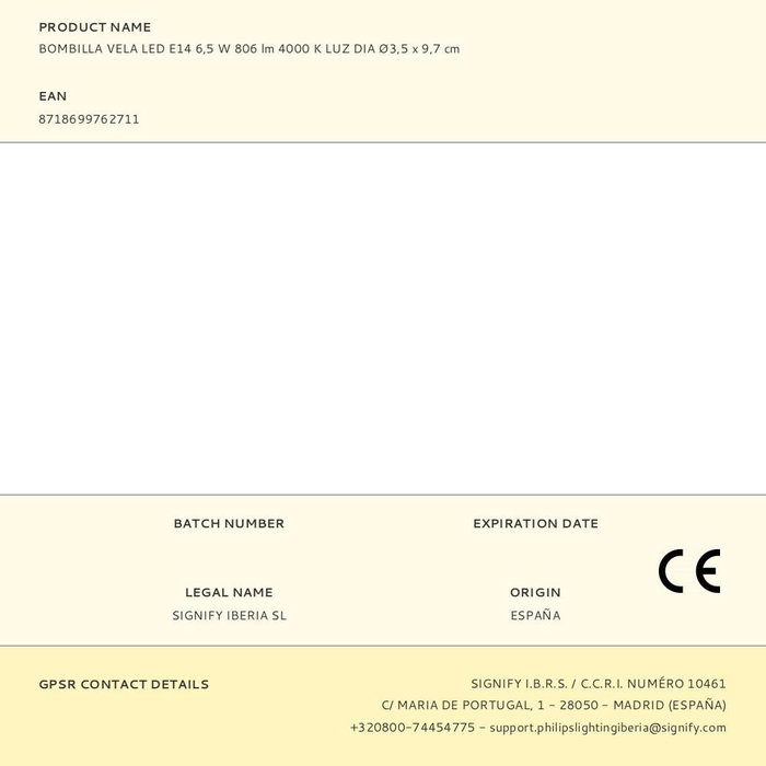Philips Bombilla Vela LED E14 6.5W 806 lm 4000K Luz Día Ø3,5 x 9,7 cm