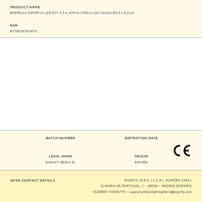 Philips Bombilla Esférica LED E27 4.3W 470lm Luz Cálida 2700K Equivalente 40W, Ø4.5x8.2cm, No Regulable, Clase F