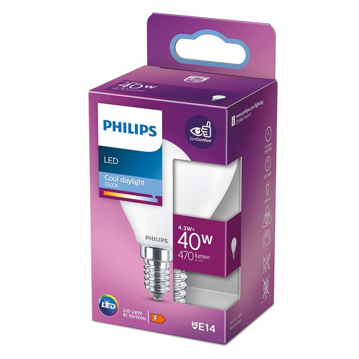 Philips Bombilla Esferica LED E14 4,3W 470lm 6500K Luz Fria Ø4,5 x 8,2 cm