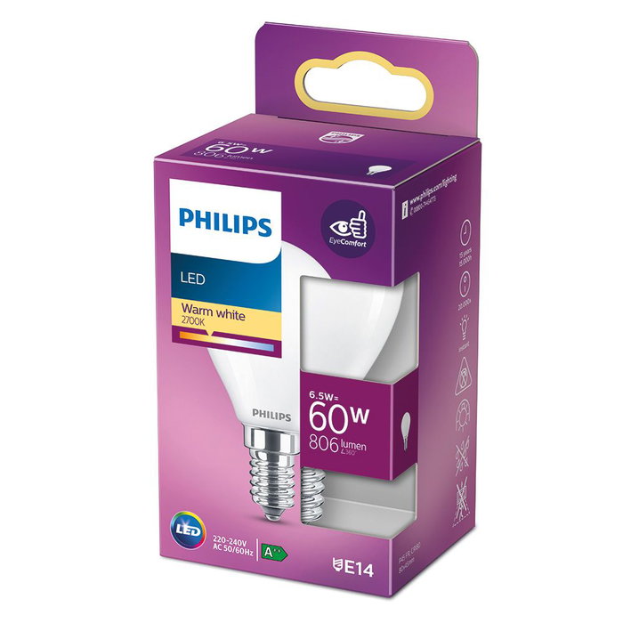 Philips Bombilla Esférica LED E14 6,5W 806 lm 2700K Luz Cálida Ø4,5 x 8 cm