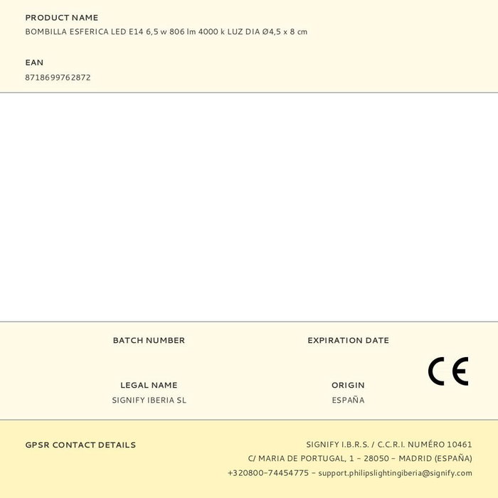 Philips Bombilla Esferica LED E14 6,5W 806 lm 4000K Luz Día Ø4,5 x 8 cm