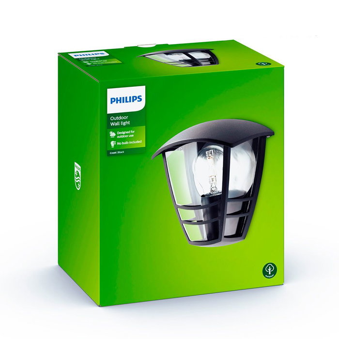 Philips creek Aplique exterior E27 60W negro, tipo farola, IP44, mural