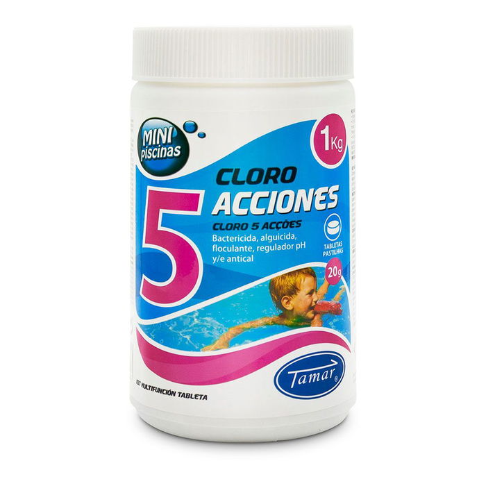 Tamar Cloro 5 Acciones en Tabletas - Bote 1 kg - Bactericida, Alguicida, Floculante, Regulador de pH y Antical - Tabletas Multifunción 20g para Piscina Tamar Cloro 5 Acciones en Tabletas - Bote 1 kg - Bactericida, Alguicida, Floculante, Regulador de pH y Antical - Tabletas Multifunción 20g para Piscina