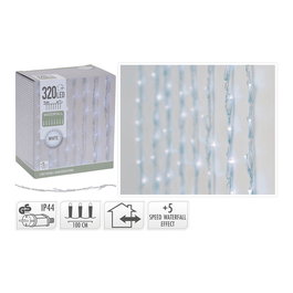 Cortina LED multifunción exterior, 1x2m (ancho x alto), 320 LEDs blanco frío, 5 funciones de velocidad, controlador, adaptador IP44